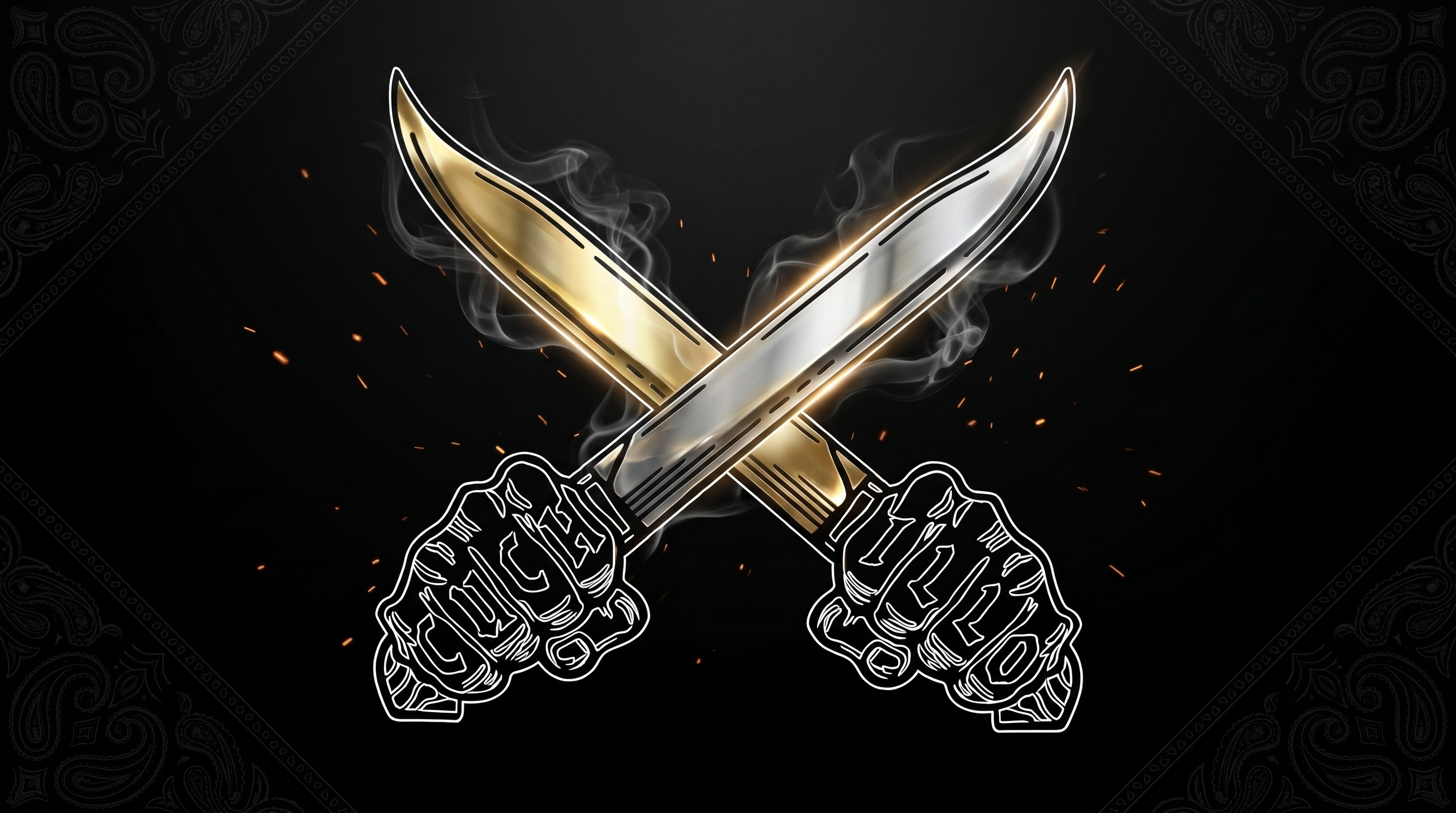 Cuchillo crossed-machete emblem forged in gold steel